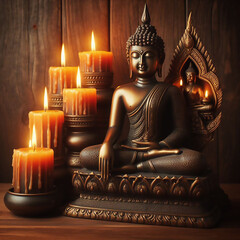 Bronze Buddha statue with warm lighted candles over wooden background