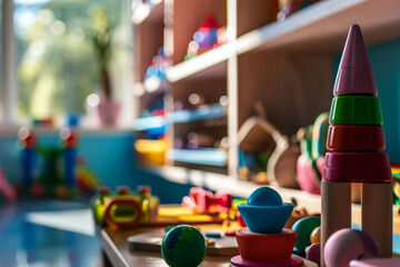 Montessori early education. Kindergarten, preschool classroom interior with wooden furniture, educational material, wooden educational toys - obrazy, fototapety, plakaty