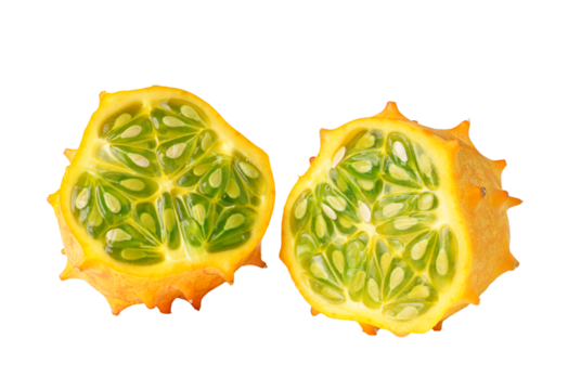 Kiwano fruit, green horned melon isolated on white, transparent background, PNG. Organic orange kiwano, African horned melon slices with green, jelly like inside with seeds close up.