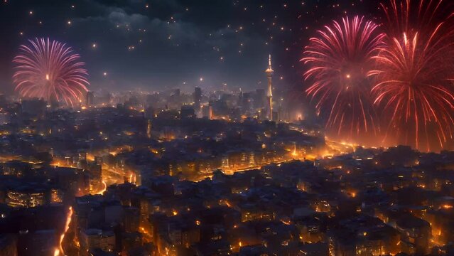 Nighttime aerial view of a vibrant cityscape with glowing streets and spectacular fireworks display