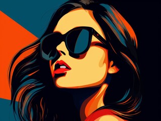 Beautiful young woman in sunglasses on colorful background. illustration. Generative AI