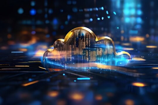 Digital informational technology web futuristic hologram with cloud icon, blue golden light digits and code background, cloud computing. Abstract Motion of digital data flow Generative Ai