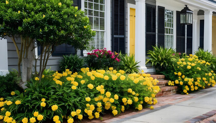 Fototapeta na wymiar Wall exterior siding house architecture sidewalk and multicolored yellow flowers in planter as decorations in Charleston, South Carolina