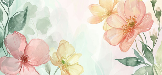 Beautiful watercolor  background with pastel flowers and leaves in warm colors