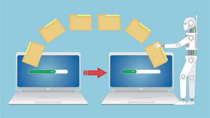 Obraz premium AI robot transferring file to his knowledge. File maps transferrering to other computer. Dimension 16:9. Vector illustration.