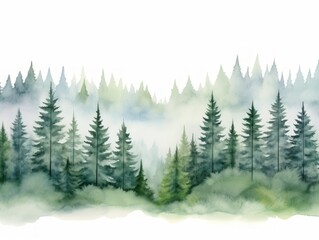 Foggy forest landscape. Watercolor hand drawn vector illustration. Generative AI