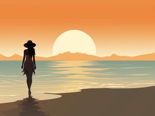 Girl on the beach at sunset. illustration for your design. Generative AI