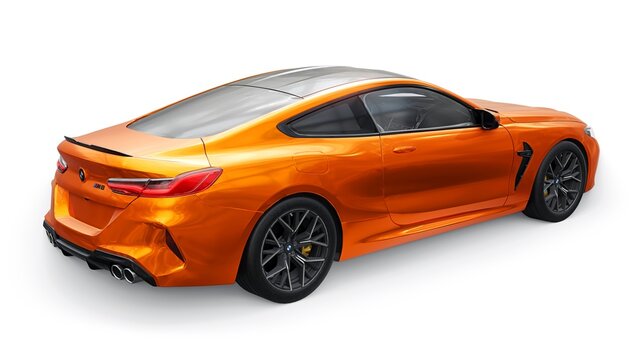 Germany, Berlin. December 10, 2023. BMW M8 2021. Large orange ultra sports coupe GT executive class on a white background. 3d rendering.