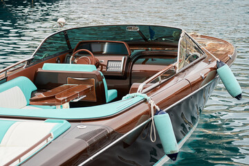 Interior of the luxury motor boat, port of Hercules in Monaco, sunny glare of the sun on the water,...