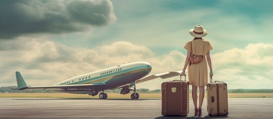 woman pulling a suitcase and wearing a hat standing facing a flying plane