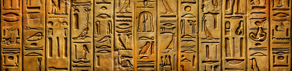 Old Egyptian hieroglyphs on an ancient background. Wide historical background. Ancient Stone carvings and hieroglyphs  - obrazy, fototapety, plakaty