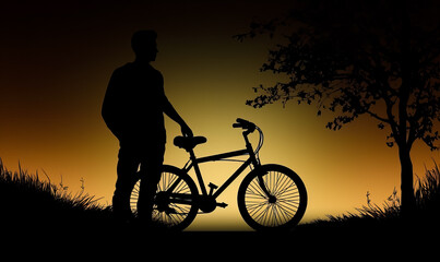 Obraz premium Silhouette of a man on a road holding. A man standing next to a bike at sunset