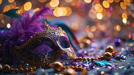 Top view of Mardi Gras carnival mask with feathers and beads decoration - obrazy, fototapety, plakaty
