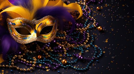 Top view of Mardi Gras carnival mask with feathers and beads decoration