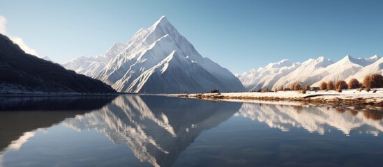 One high Mountain in winter morning with reflection in Lake