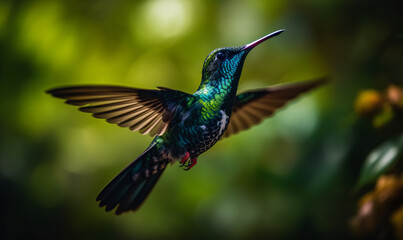 Ultra real macro photography of a flying. A hummingbird flying in the air with its wings spread