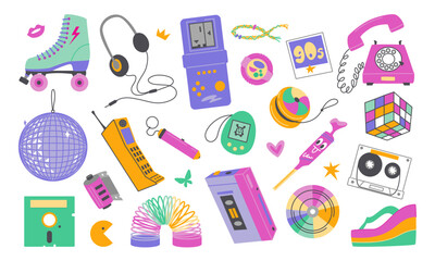 Doodle 90s set. Classic 90s elements in a modern flat, linear doodle style. Hand drawn y2k vector illustration. Fashion badge, emblem
