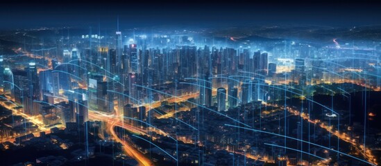 Cityscape with vertical line dots connecting networks, Internet globalization concept