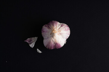 purple garlic not peeled on a dark background. Close-up of a head of garlic with a broken clove