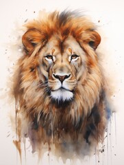 Fototapeta premium Majestic Lion in Watercolor against White Backdrop AI Generated