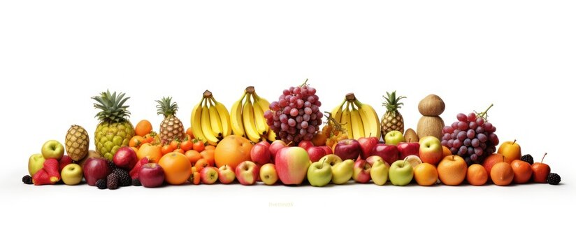 Fruits, apples, oranges, bananas, grapes, strawberries, on a white background