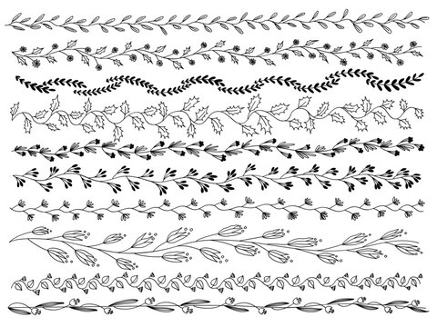 line art botanical borders bundle black and white floral frames plants and herbs ink drawing, isolated linear borders collection greeting card wedding invitation line drawing outline doodle frames set