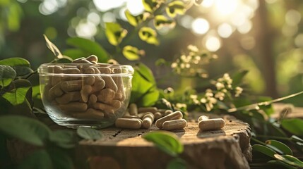 Ashwagandha tablets, dietary supplement of herbal origin, natural background