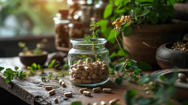 Ashwagandha supplement in plant capsules, medicine of natural origin