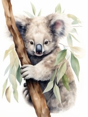 Adorable Koala Clinging to Eucalyptus Branch in Watercolor AI Generated