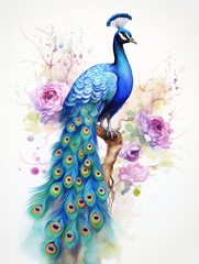 Exotic Peacock Displaying Colorful Feathers in Watercolor AI Generated