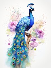 Naklejka premium Exotic Peacock Displaying Colorful Feathers in Watercolor AI Generated