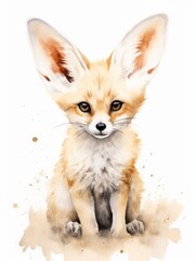 Watercolor Portrayal of a Fennec Fox with Large Ears AI Generated