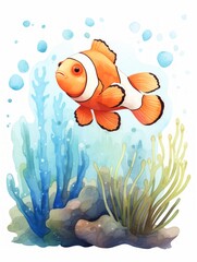 Bright Orange Clownfish Swimming Among Coral AI Generated - obrazy, fototapety, plakaty