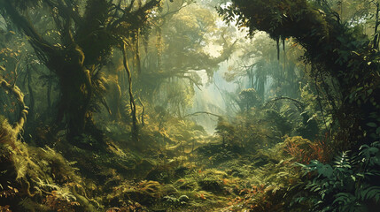 Overgrown jungle scene in earthy greens and mossy browns. 