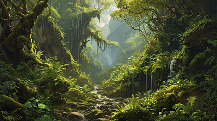 Overgrown jungle scene in earthy greens and mossy browns. 