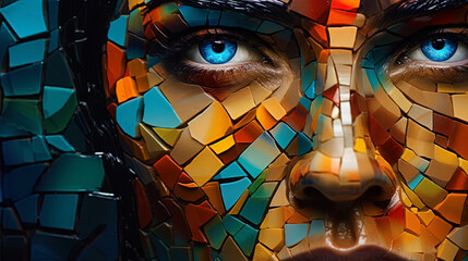 An abstract portrait in a mosaic style, where multi colored fragments merge into a unique personal