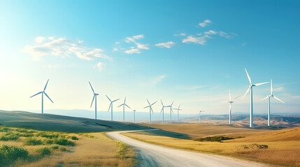 An impressive landscape with windmills standing in a row against the background of the horizon