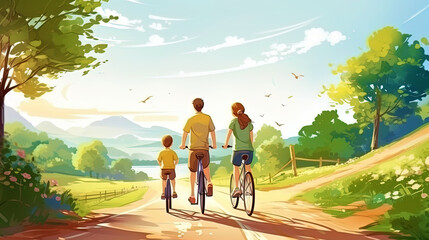 Friendly family on a bicycle walk - obrazy, fototapety, plakaty