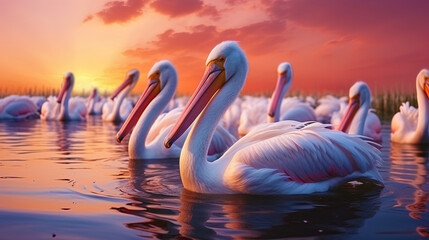 Pink pelicans on the water of sunset, gently moving along the water surface, create a picture of i