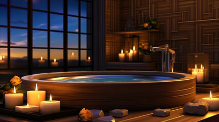 Spa zone in the bathroom with a jacuzzi, candles and aromatic oils