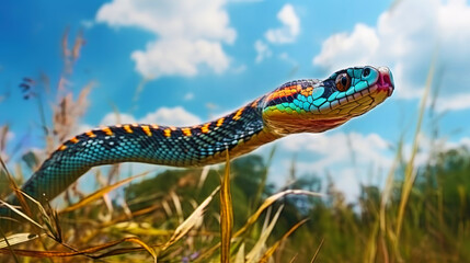 Obraz premium The flight of an air snake in a clearing, where a bright colored tail soars into the sky, fascinat