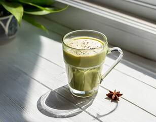 Matcha chai tea in glass on white table with smartphone, morning light