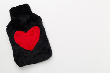 Fluffy water warmer bag on color background, top view