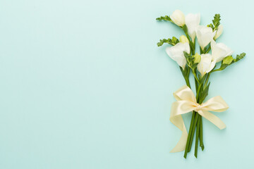 White freesia flower on color background, top view