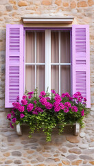 Fototapeta na wymiar close-up of open window shutters and pink purple flower decorations on sunny summer day nobody architecture wall