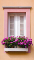 Fototapeta na wymiar close-up of open window shutters and pink purple flower decorations on sunny summer day nobody architecture wall