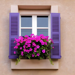 close-up of open window shutters and pink purple flower decorations on sunny summer day nobody architecture wall