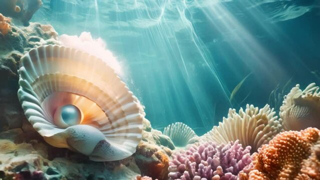 Deep sea exploration with huge shell and pearl underwater animation