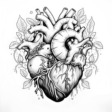 Botanical illustration of human heart coloring page. Coloring book for adults