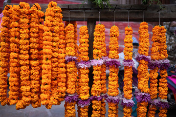 These meticulously crafted marigold garlands, interspersed with purple flowers, hang ready for devotees to use in rituals and offerings in Kathmandu
